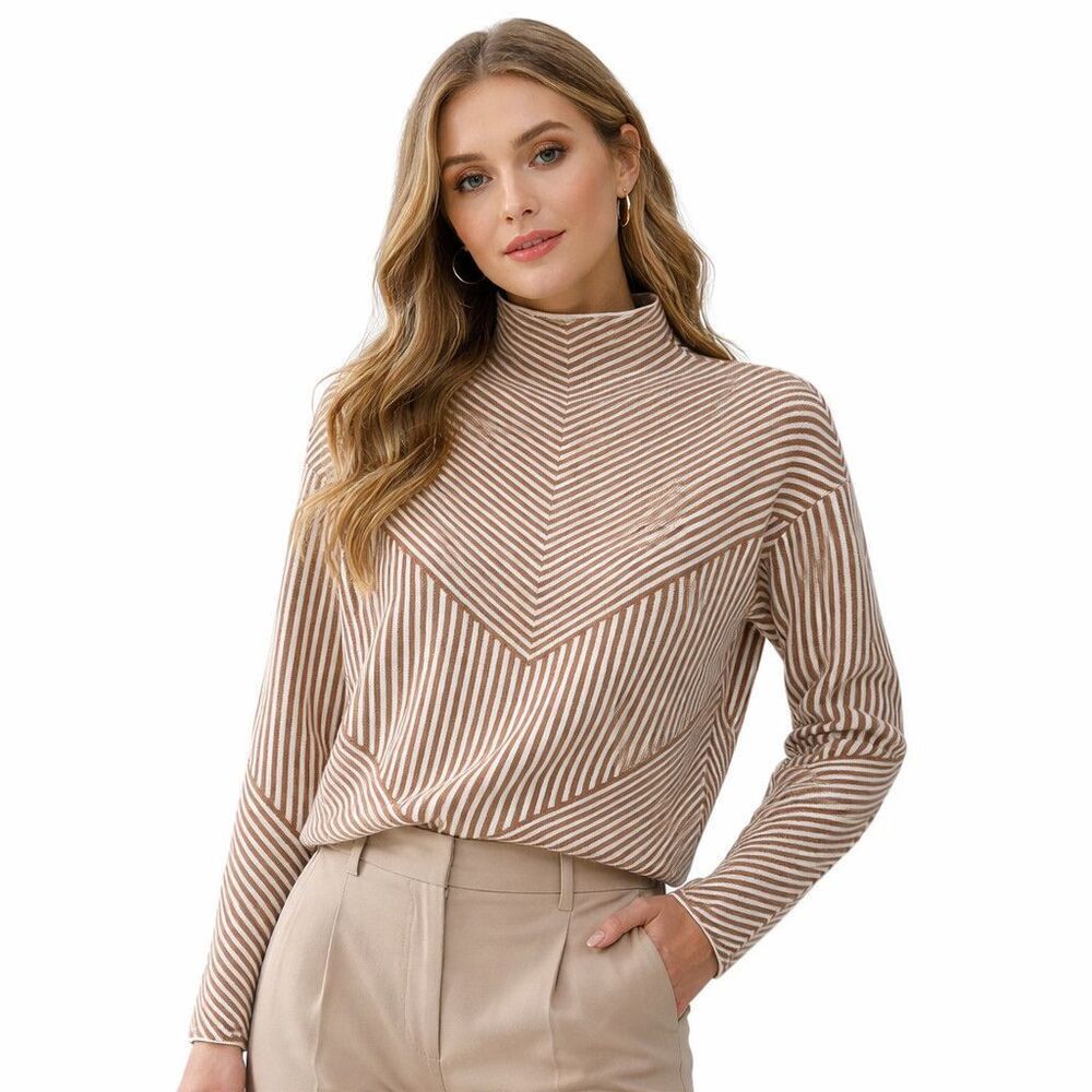Tahari Sweater Womens XS Beige White Chevron Stripe Mock Neck Knit Pullover